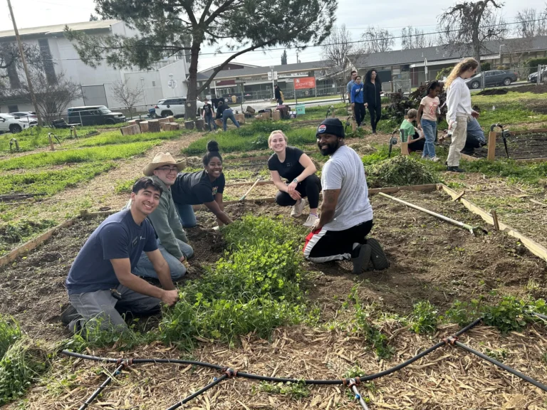 A group of five people kneel and smile while working together in a community garden, surrounded by greenery and other volunteers in the background on a cloudy day.