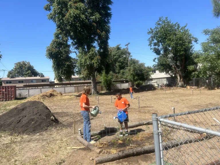 Two people in orange shirts water plants in a sunny, fenced community garden with trees and apartment buildings in the background. The ground is mostly bare soil with small patches of plants and gardening tools.