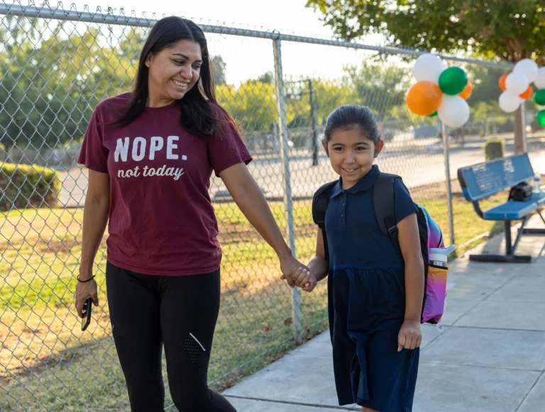 A woman smiles as she holds hands with a young girl wearing a backpack. They walk on a sidewalk near a chain-link fence decorated with balloons. The woman’s shirt says, “NOPE. not today.”.